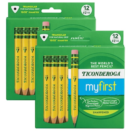 Ticonderoga My First Short Wooden Pencils, Yellow Large Triangle Barrel With Eraser, 24PK X33012